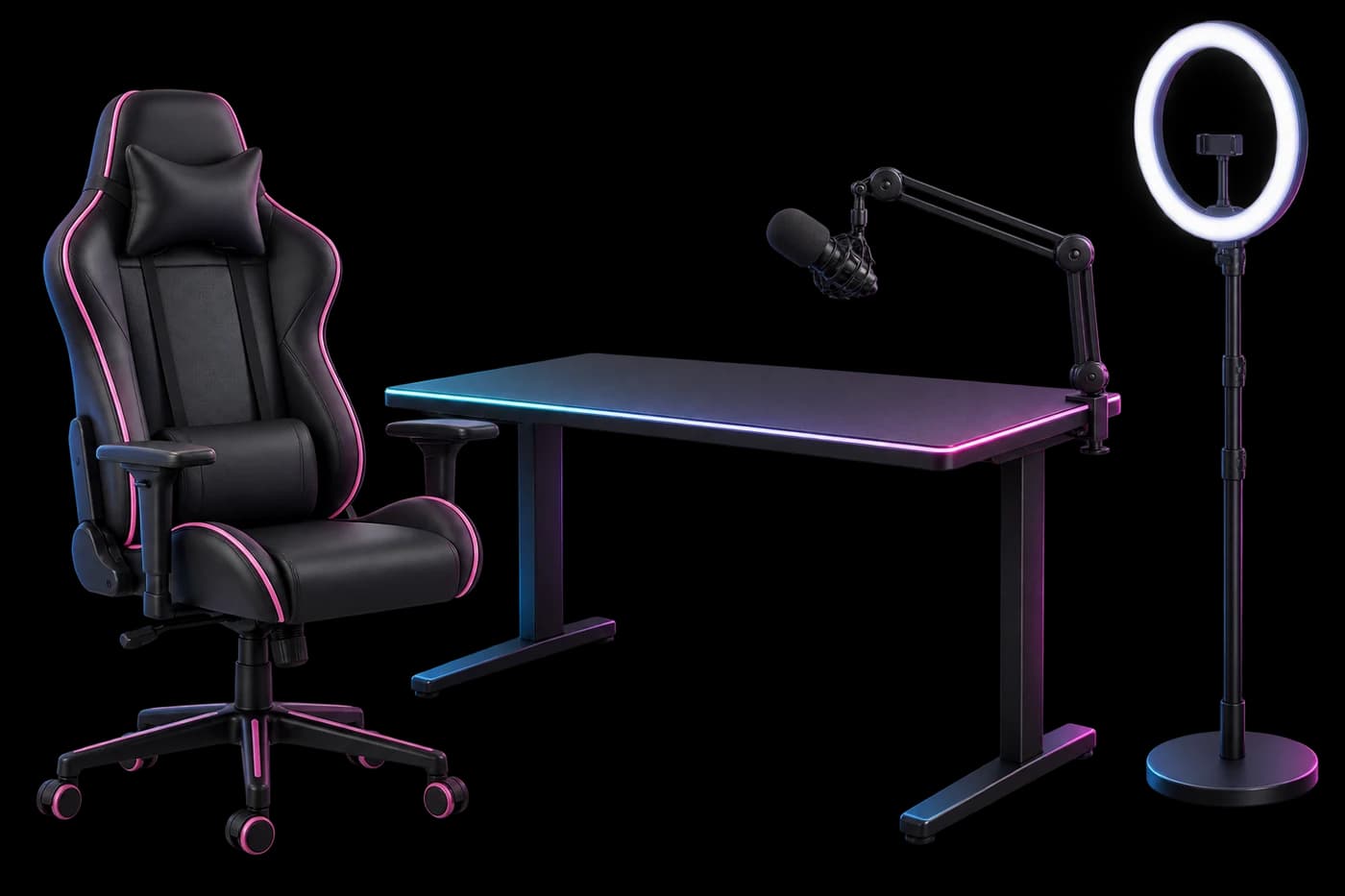 Illustration of a gaming chair, creator desk, light and microphone as future event prize examples